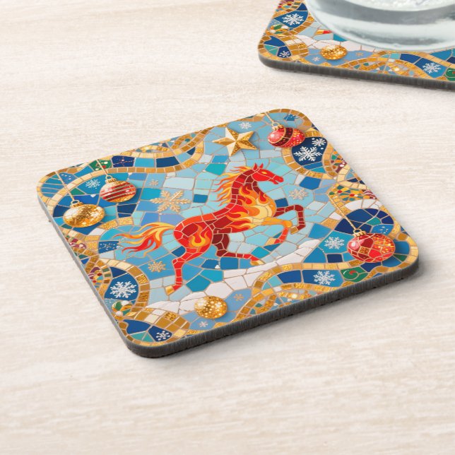 New Year 2026 Red Fiery Horse Christmas Pattern Coaster (Left Side)