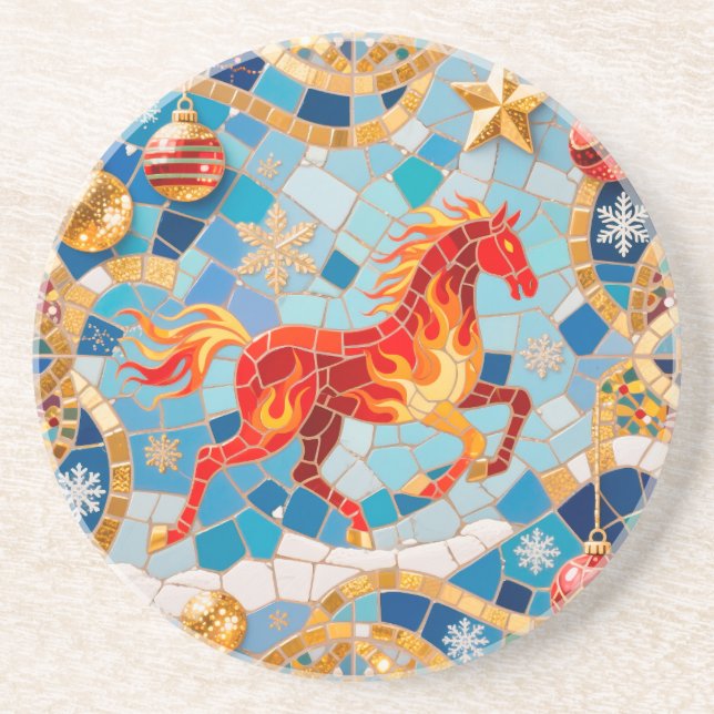 New Year 2026 Red Fiery Horse Christmas Pattern Coaster (Front)