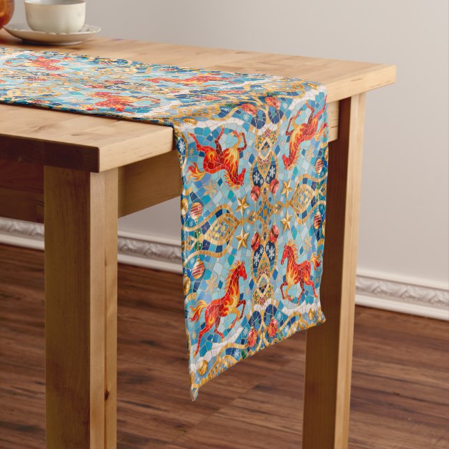 New Year 2026 Red Fiery Horse Christmas Pattern Medium Table Runner (In Situ)