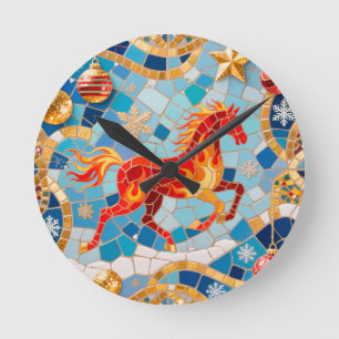 New Year 2026 Red Fiery Horse Christmas Pattern Round Clock