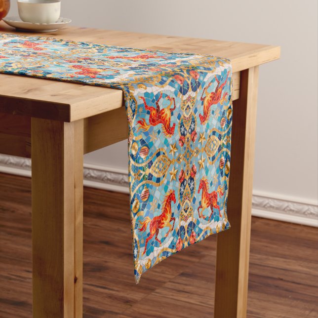 New Year 2026 Red Fiery Horse Christmas Pattern Short Table Runner (In Situ)