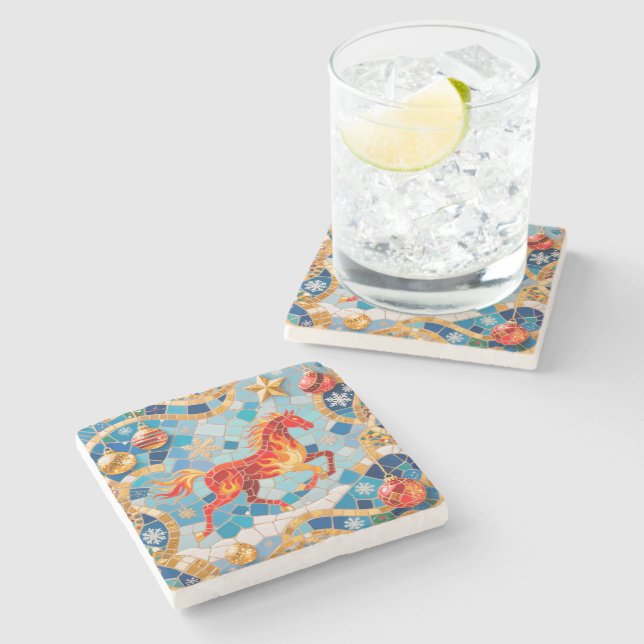 New Year 2026 Red Fiery Horse Christmas Pattern Stone Coaster (Side)