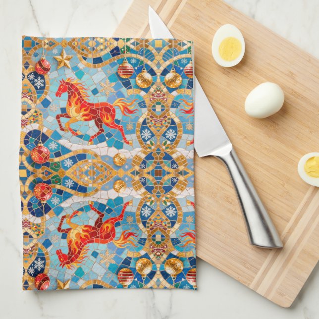 New Year 2026 Red Fiery Horse Christmas Pattern Tea Towel (Quarter Fold)