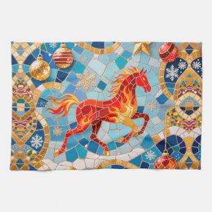 New Year 2026 Red Fiery Horse Christmas Pattern Tea Towel