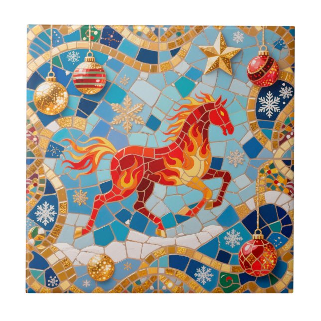 New Year 2026 Red Fiery Horse Christmas Pattern Tile (Front)
