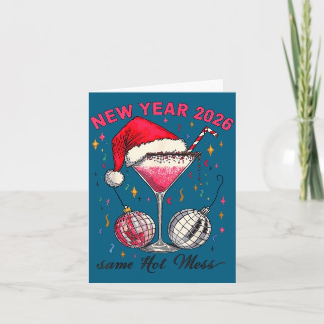 New Year 2026 Same Hot Mess Santa Hat Disco Holida Card (Front)