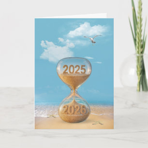 New Year 2026 Sand Timer On the Beach Holiday Card