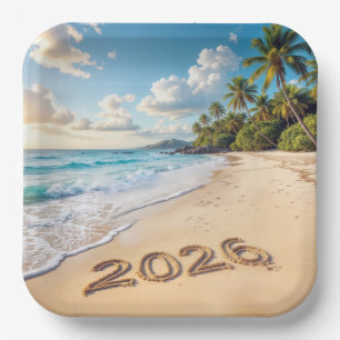 New Year 2026 Tropical Island Beach Scene Paper Plate
