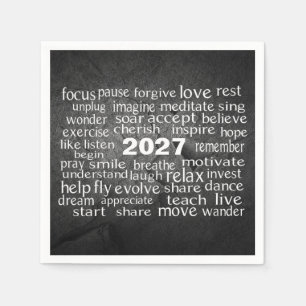 New Year 2026 Word Cloud On Black Rock Napkin