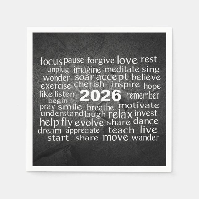 New Year 2026 Word Cloud On Black Rock Napkin (Front)