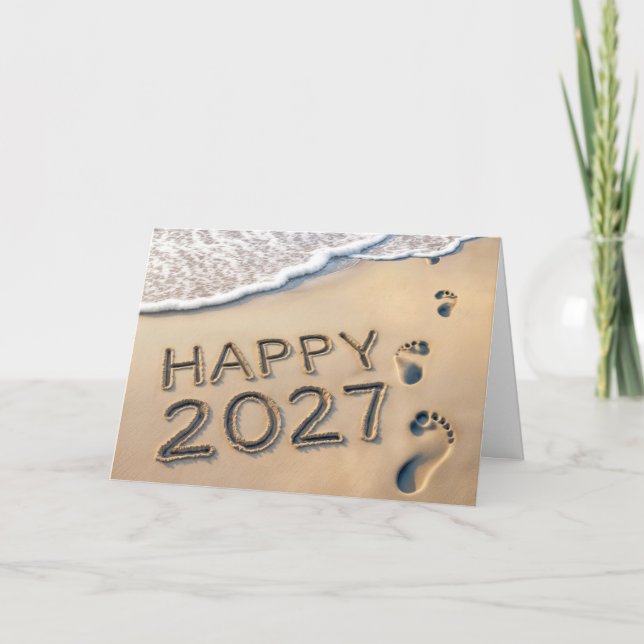 New Year 2027 Beach Footprints Holiday Card (Front)