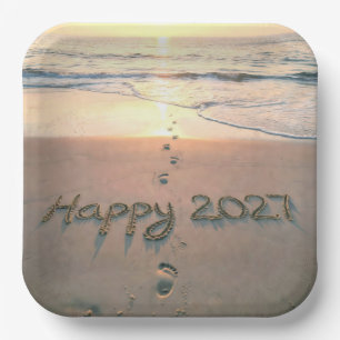 New Year 2027 Beach Footprints Paper Plate
