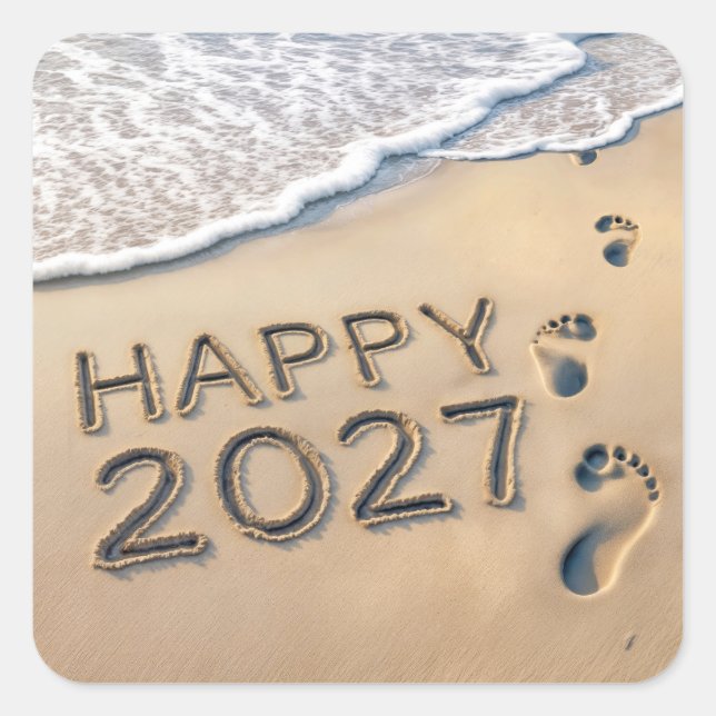 New Year 2027 Beach Footprints Square Sticker (Front)