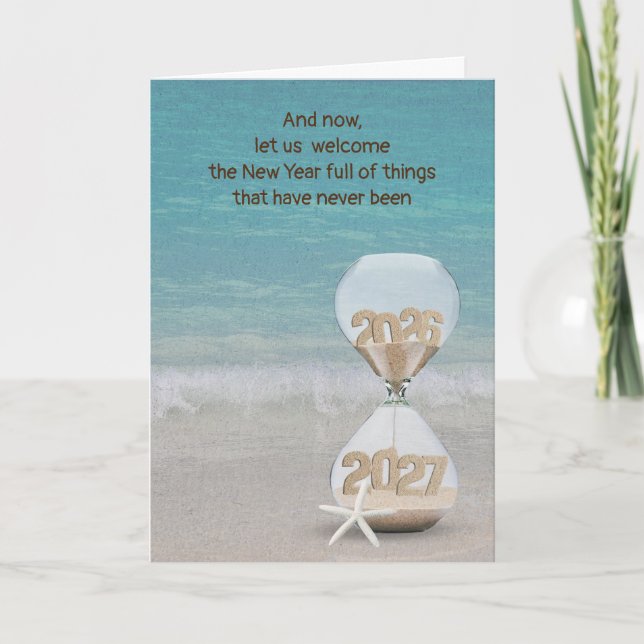 New Year 2027 Sand Timer on a Beach Card (Front)