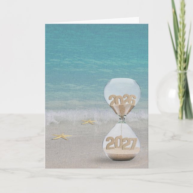 New Year 2027 Sand Timer on Beach Card (Front)