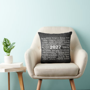 New Year 2027 Word Cloud On Black Rock Cushion