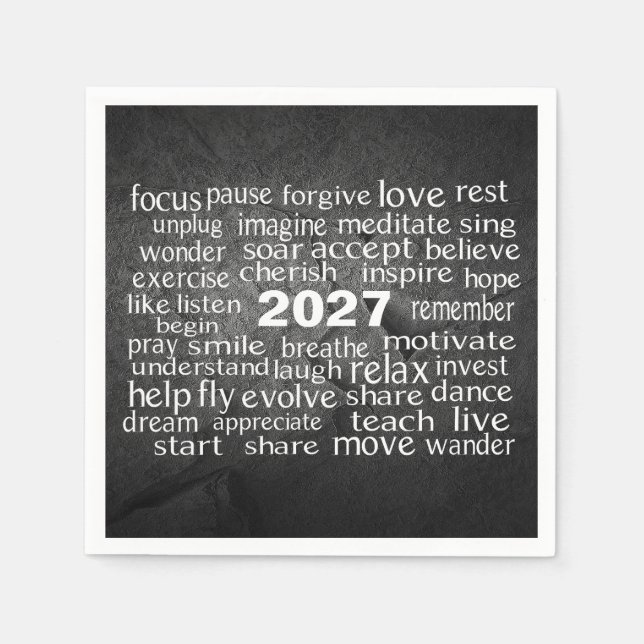 New Year 2027 Word Cloud On Black Rock Napkin (Front)