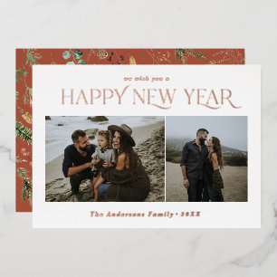New year 2 photo terracotta botanical floral foil holiday card