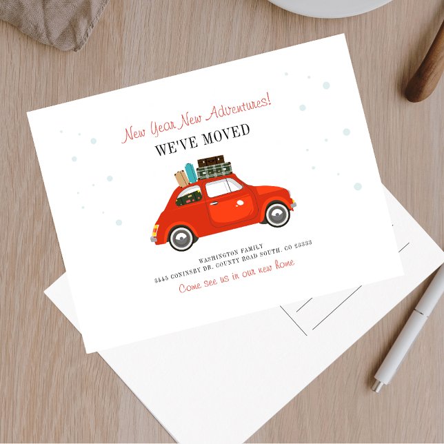 New Year Adventures New Address Moving Announcement Postcard (Modern New Year Adventures Red Car Moving Announcement)