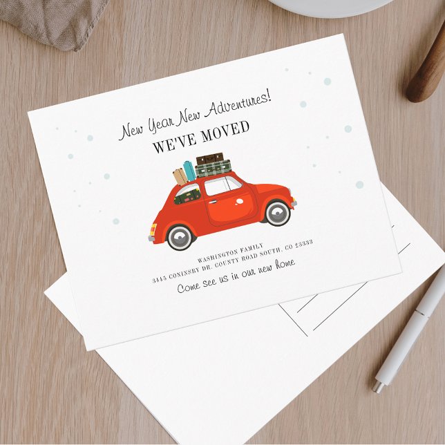 New Year Adventures New Address Moving Announcement Postcard (New Year Adventure Red Car Moving Announcement)