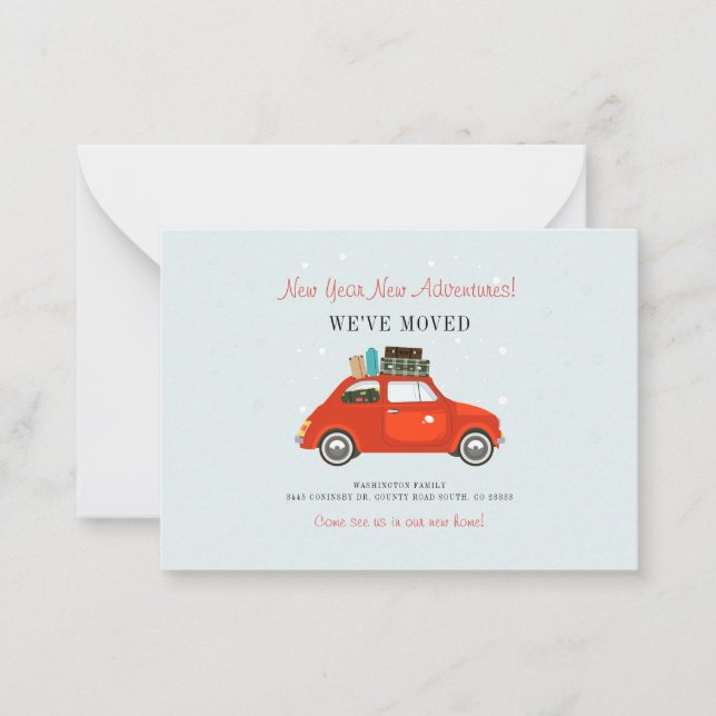 New Year Adventures New Address Red Car Moving Card (Front)