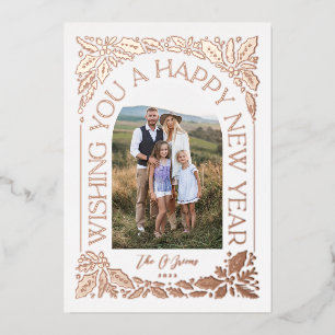 New Year Arch Holly Berry 3 Photo Collage Foil Holiday Card