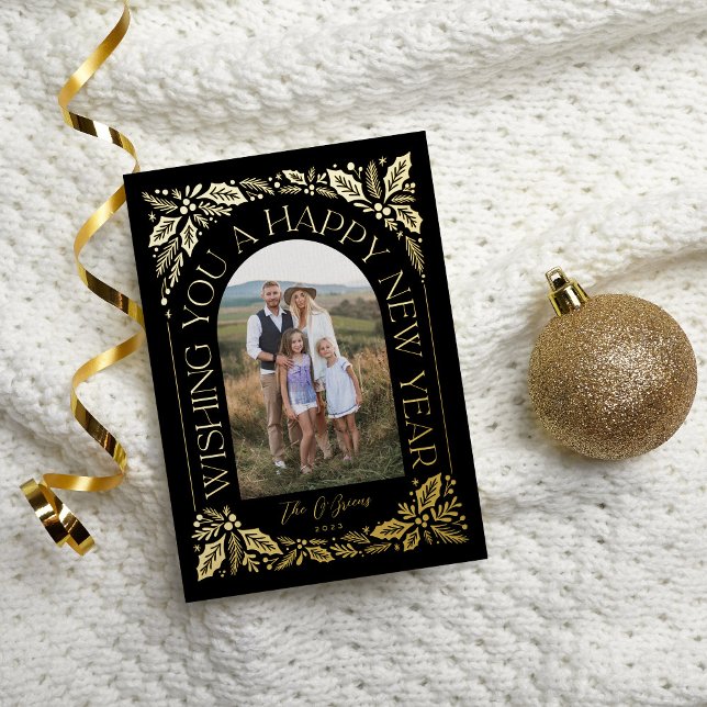 New Year Arch Holly Berry Black 3 Photo Collage Foil Holiday Card (Creator Uploaded)