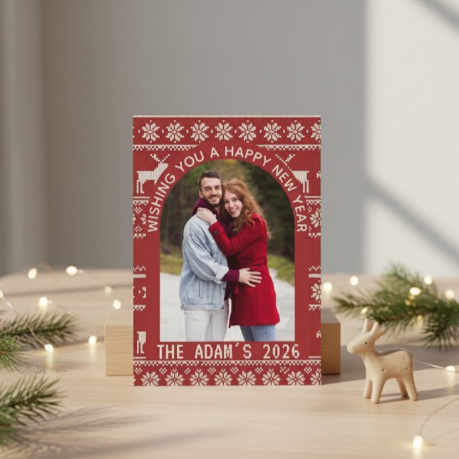 New Year Arch Nordic Reindeer Personalised Photo Holiday Card (Creator Uploaded)