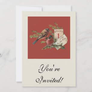New Year Birds Antique Holiday Card