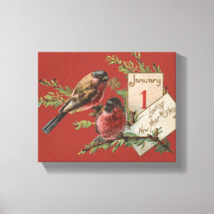 New Year Birds Antique Holiday Card Canvas Print