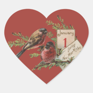 New Year Birds Antique Holiday Card Heart Sticker