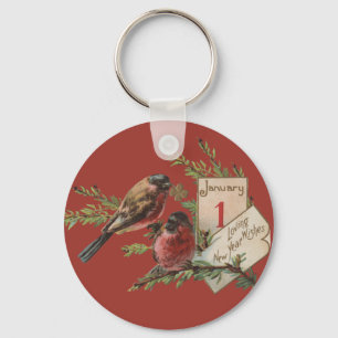 New Year Birds Antique Holiday Card Key Ring