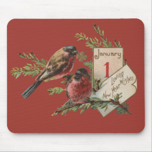 New Year Birds Antique Holiday Card Mouse Mat