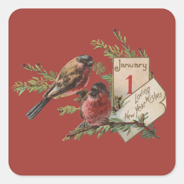 New Year Birds Antique Holiday Card Square Sticker (Front)