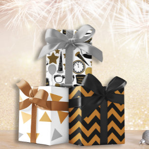 New Year black and gold set of 3 Wrapping Paper Sheet