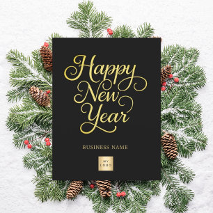 New Year black gold script business logo Holiday Postcard