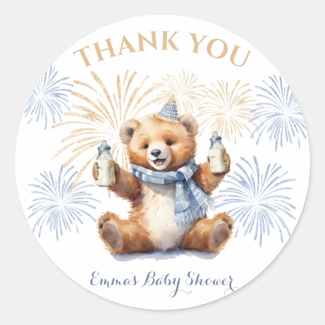 New Year Blue Bear Boy Baby Shower Sticker (Front)