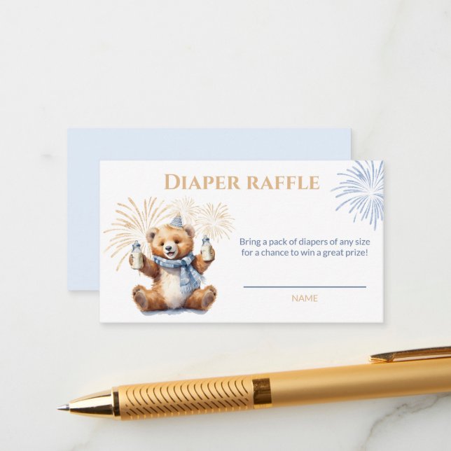 New Year Blue Boy Baby Shower Diaper Raffle Card (Front/Back In Situ)