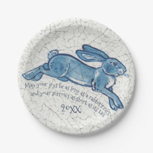 New Year Blue White Bunny Rabbit Delft Dedham Date Paper Plate