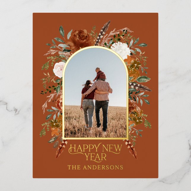 New year budget botanical elegant terracotta foil holiday postcard (Front)