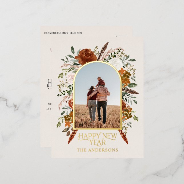 New year budget botanical elegant traditional foil holiday postcard (Front/Back)