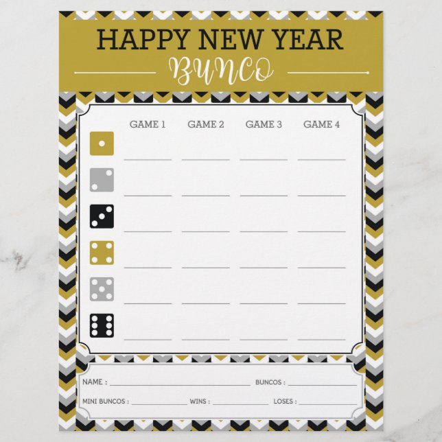 New Year Bunco Party Game Score Card (Front)