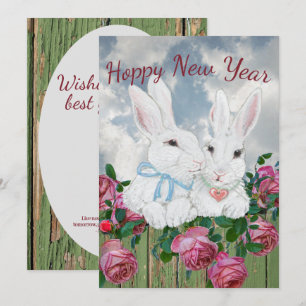 New Year Bunny Rabbit Pink Rose Inspirational Cute Holiday Card