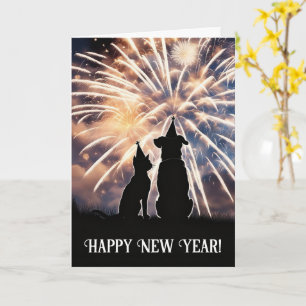 New Year Cat Dog Party Hats Fireworks Wishes Card