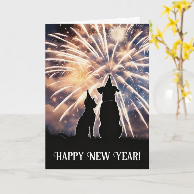 New Year Cat Dog Party Hats Fireworks Wishes  Card (Yellow Flower)