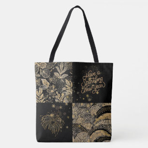New Year Celebrate, Beautiful Black Gold Pattern Tote Bag