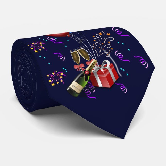 New Year Celebrate Champagne Party Fireworks Tie (Rolled)
