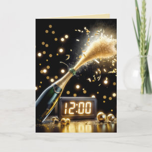 New Year Champagne And Clock Holiday Card