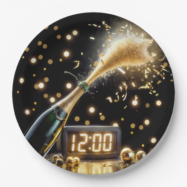 New Year Champagne With Midnight Clock Paper Plate (Front)