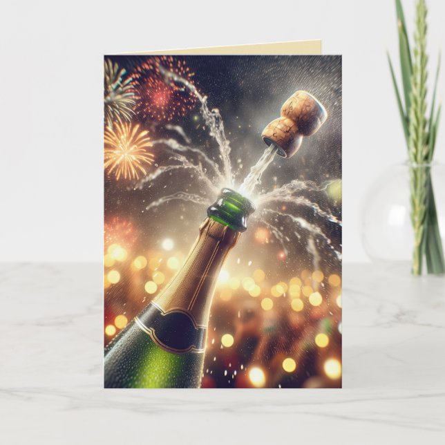 New Year Champagne With Popping Cork Holiday Card (Front)